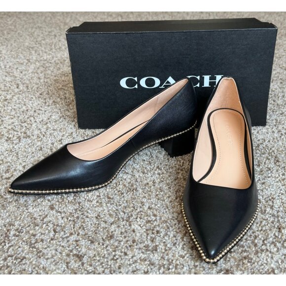 Coach Black Leather Studded Chunky Heels - Size 7 - Picture 1 of 11